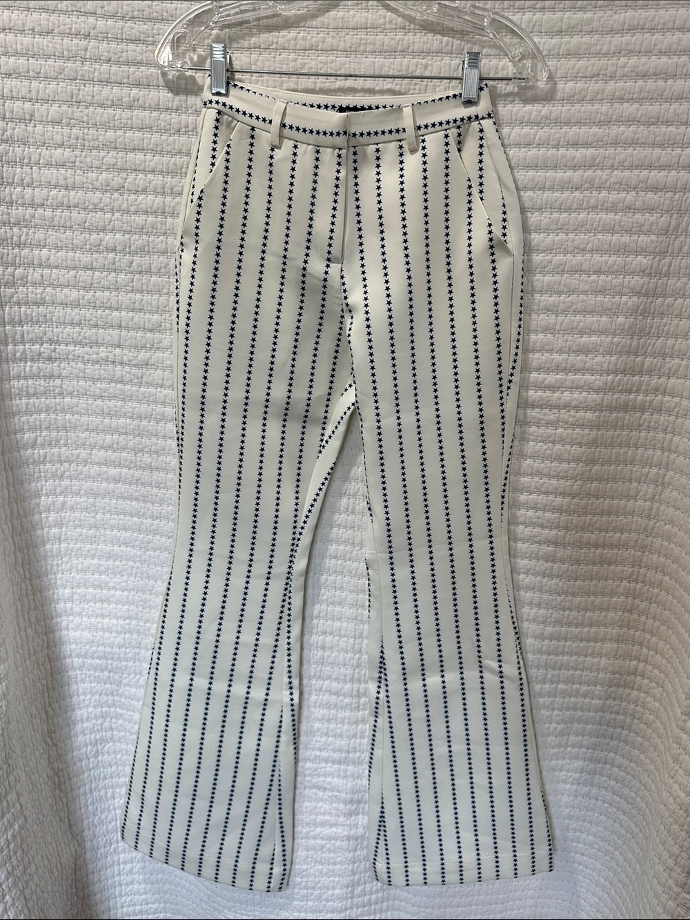 Nasty Gal White Pants with Navy Vertical Star Stripes